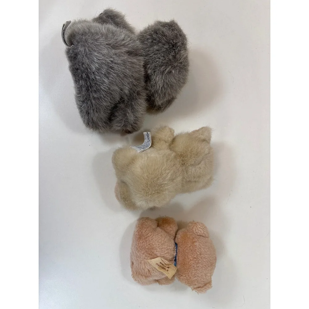Vintage Russ Berrie Mini Teddy Bear Trio: Tuff Teddy, Peach, Gray (1980s-90s)